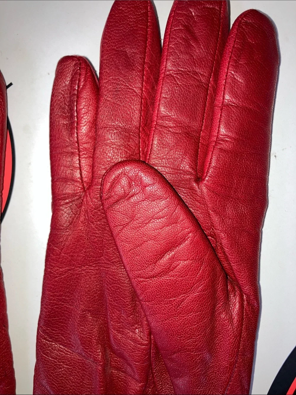 VINTAGE Red Leather Women's Gloves with Decorative Stitching